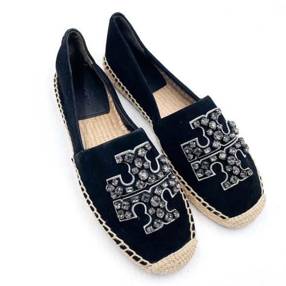 Tory Burch Embellished Espadrille Flat Jewel Diamond T Logo Black Suede Sz 6.5 - Picture 1 of 9